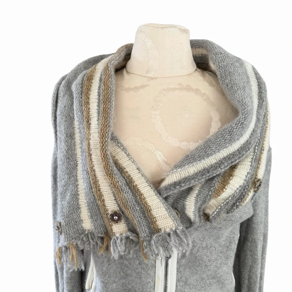 Free People Sweater Small Faux Scarf  Cowl Neck Gray Wool Zip Crop Jacket Knit